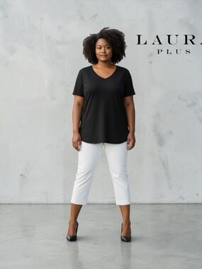 Laura Plus, Black, V-Neck Tunic Top,  1X, Stretch Soft Plus Size